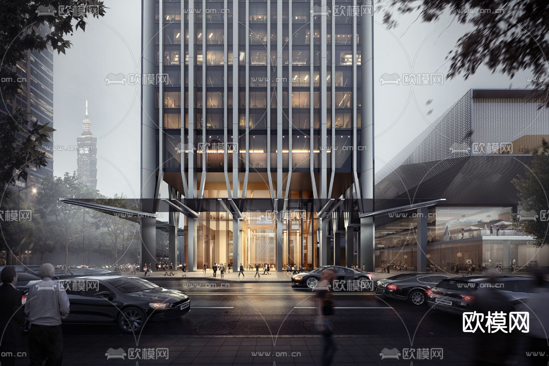 现代高层办公楼外观夜景3d模型下载