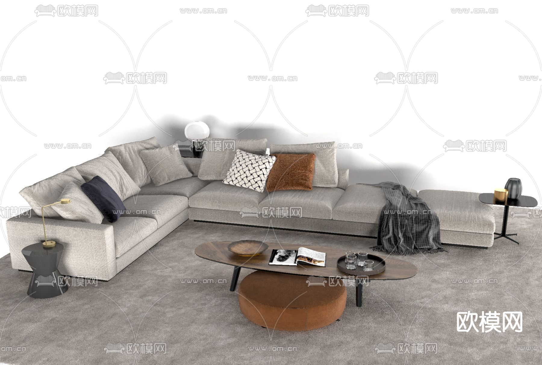 现代布艺拐角多人沙发免费3d模型下载