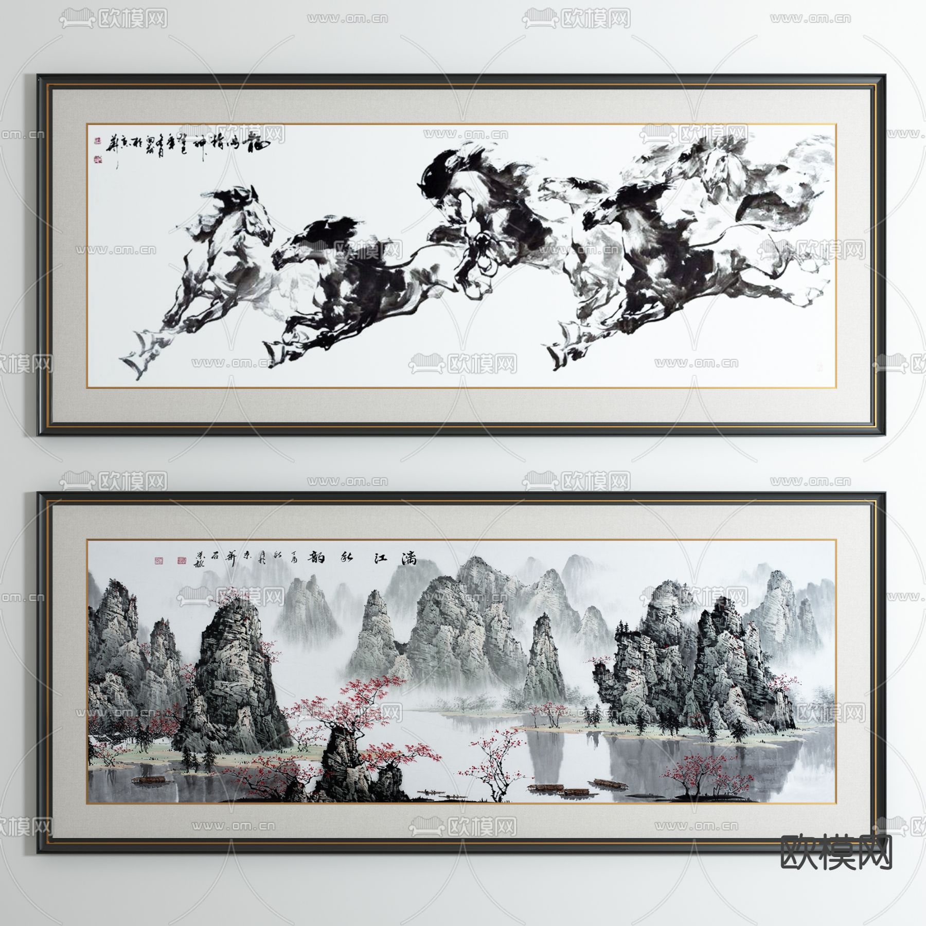 中式山水骏马挂画3d模型