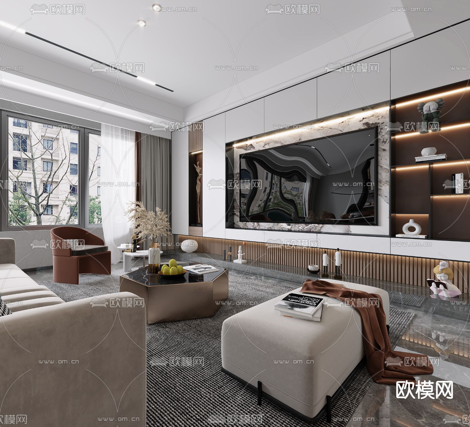 现代轻奢客厅餐厅3d模型