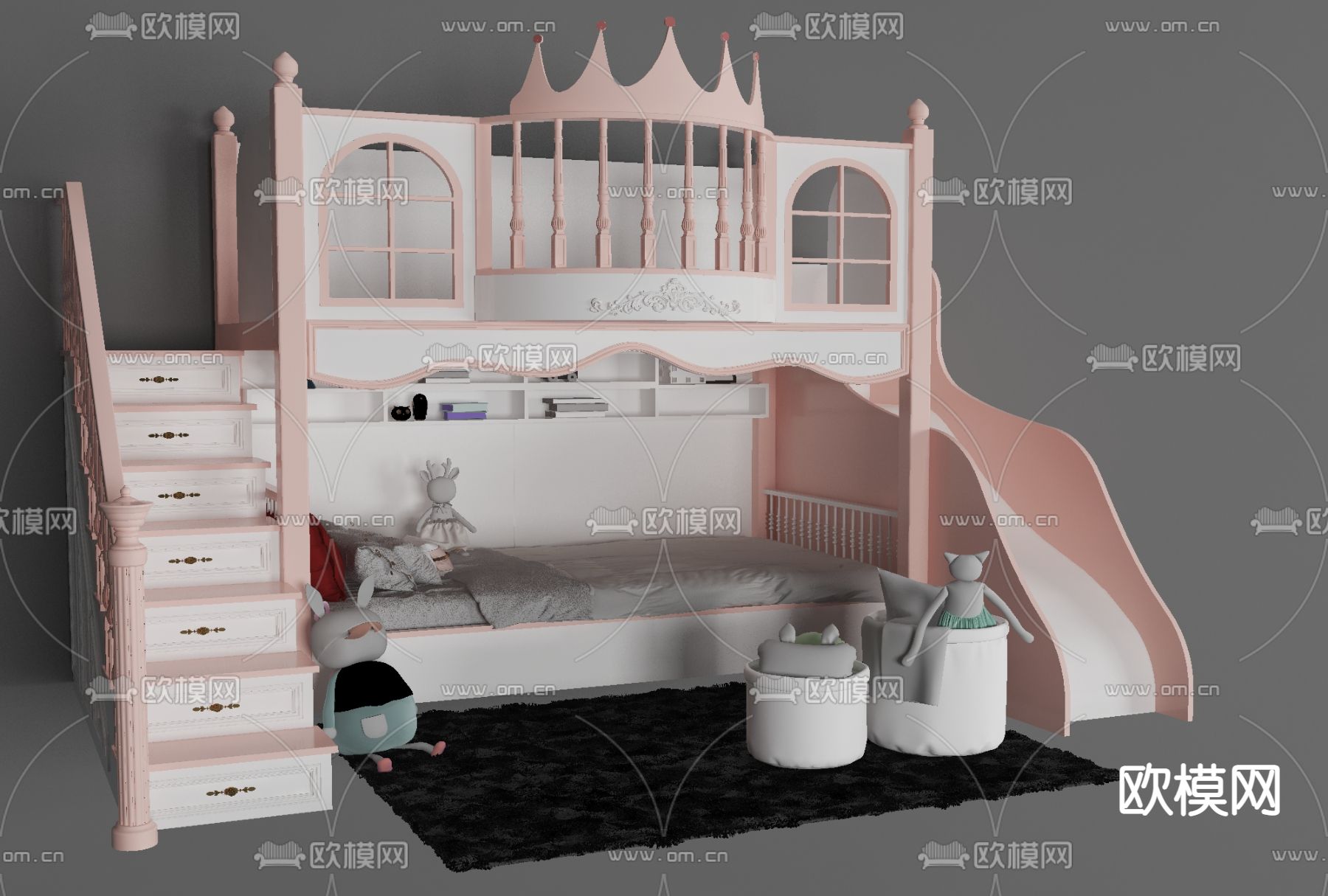 现代上下铺儿童床免费3d模型下载