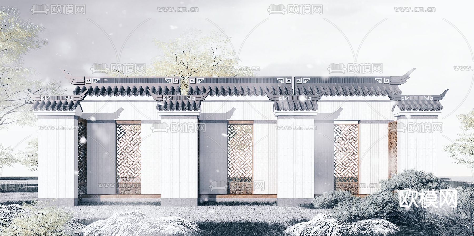 中式园林景观墙3d模型