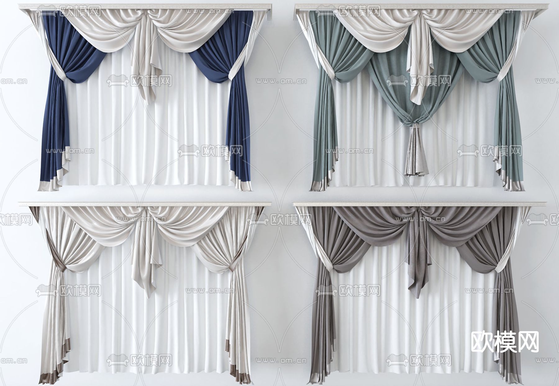 简欧布艺窗帘3d模型下载