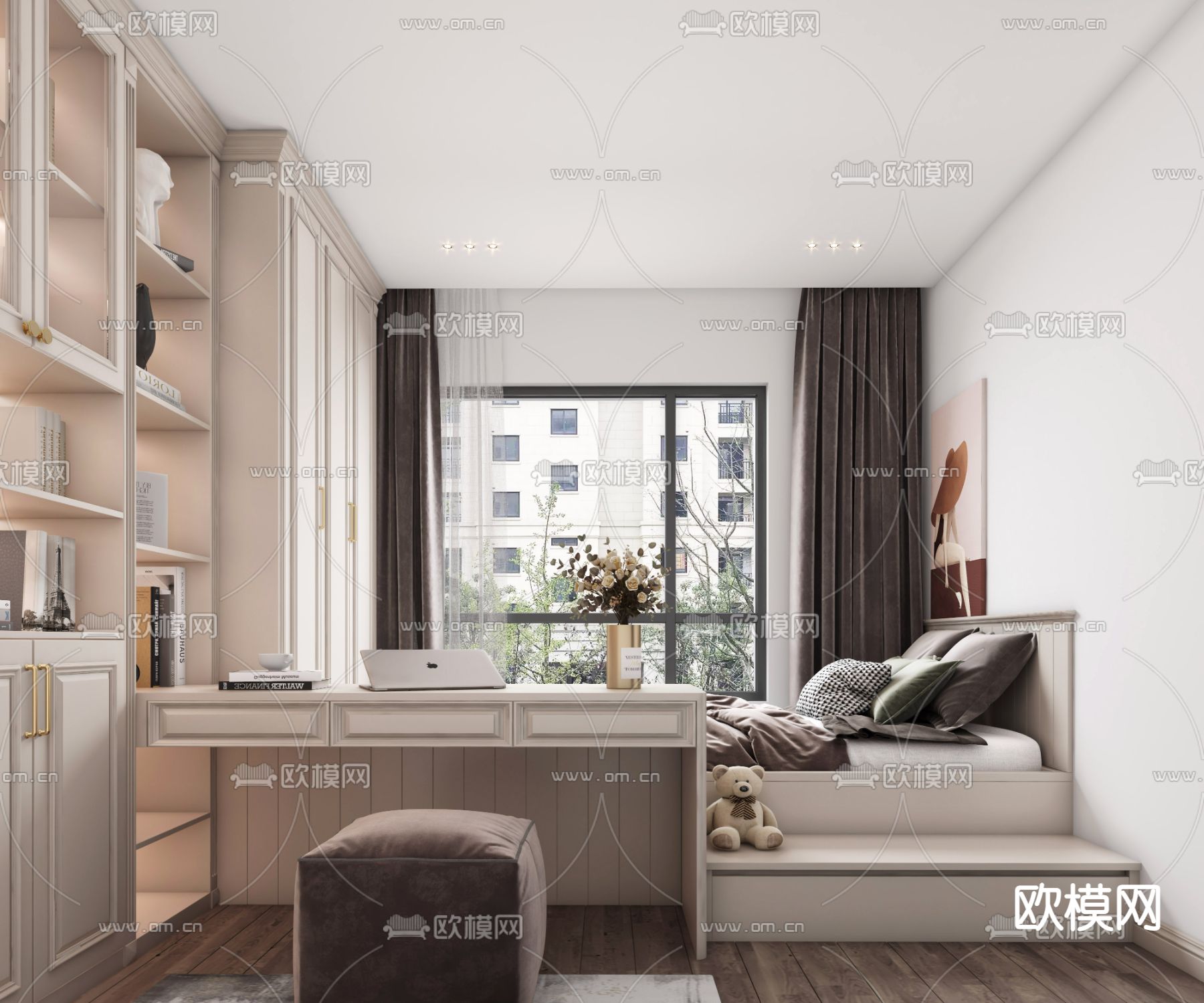 简欧榻榻米卧室3d模型下载（渲染图1）