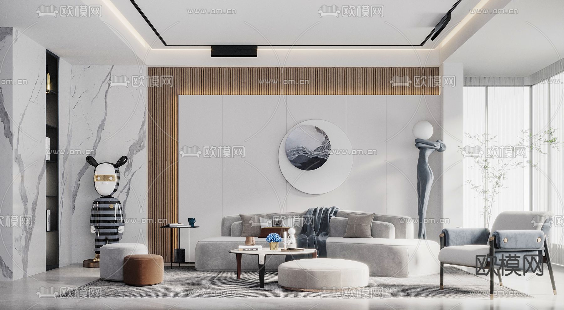 现代绒布弧形沙发组合3d模型