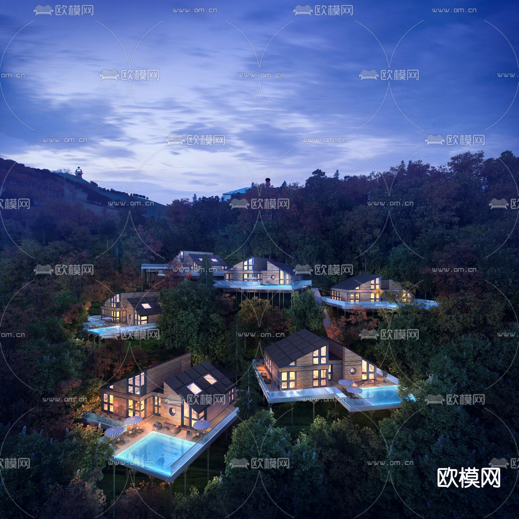 现代山顶民宿鸟瞰夜景3d模型下载