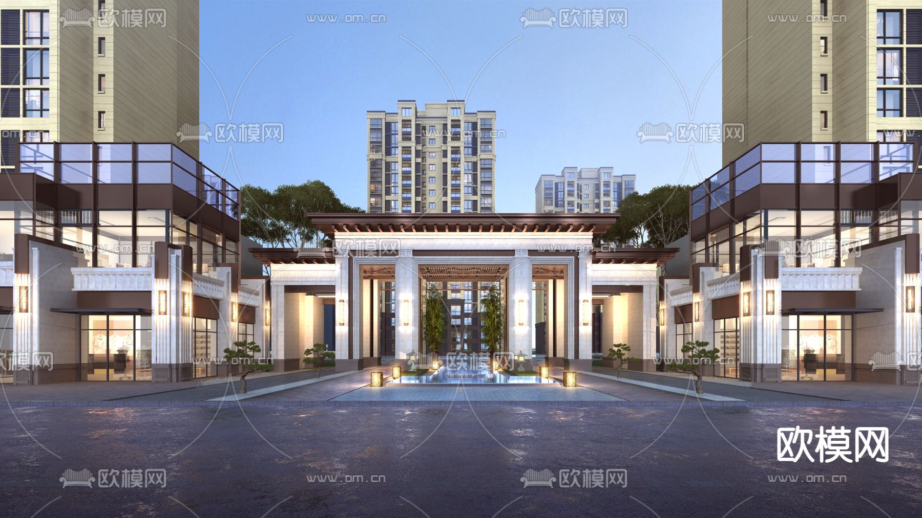 欧式小区住宅入口夜景建筑外观3d模型下载