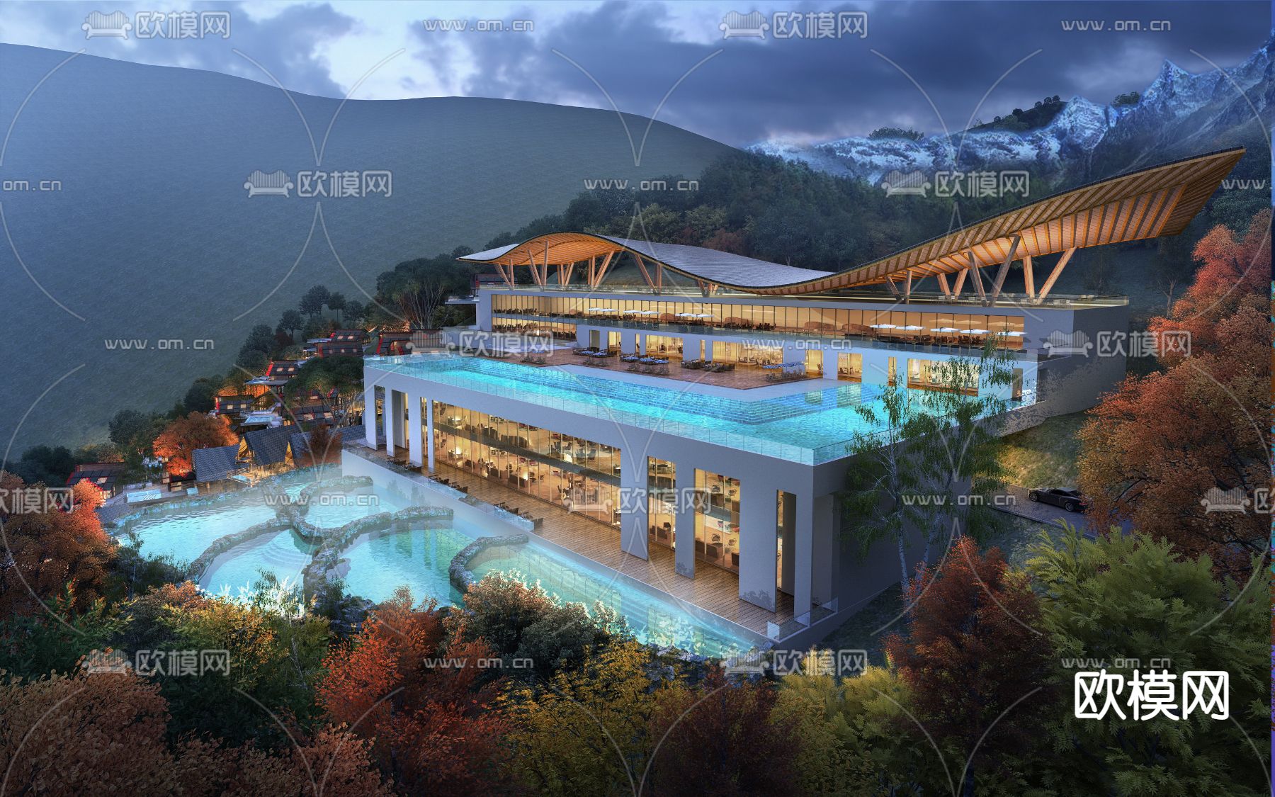 现代温泉度假酒店夜景3d模型