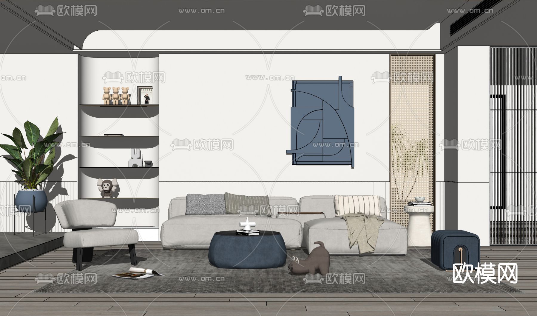 现代布艺沙发组合su模型下载（渲染图2）