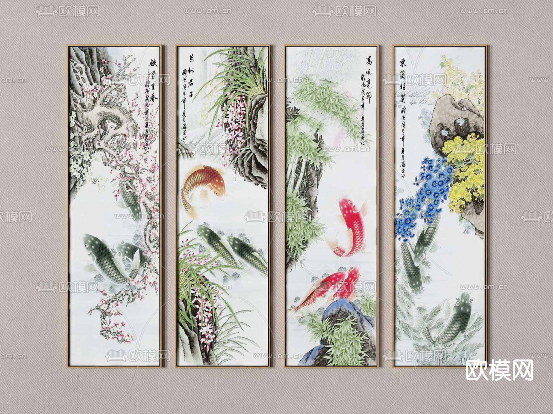 新中式锦鲤装饰画3d模型