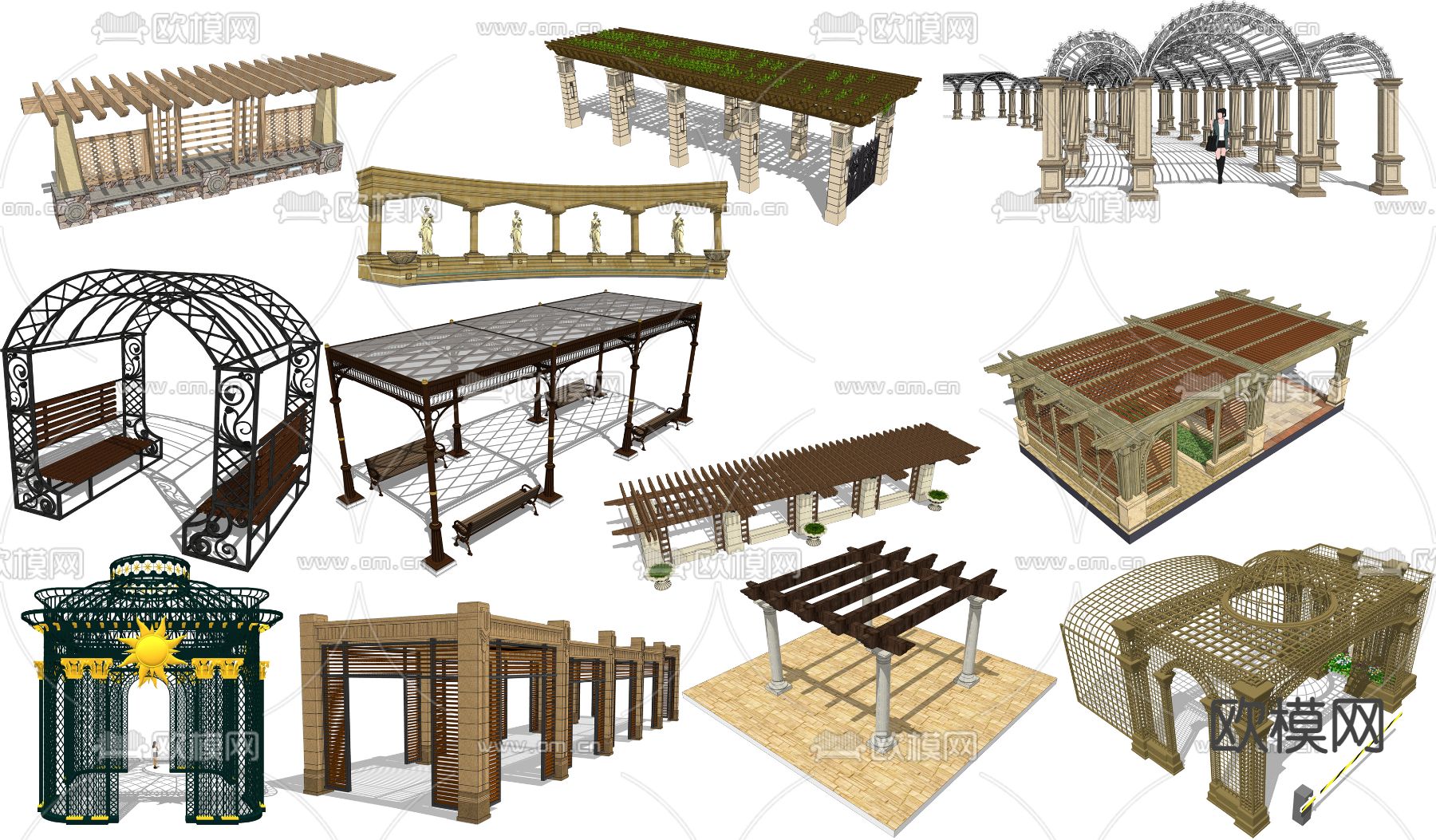 欧式廊架长廊凉亭su模型下载