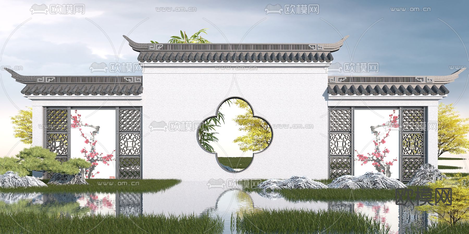 中式园林景观墙3d模型