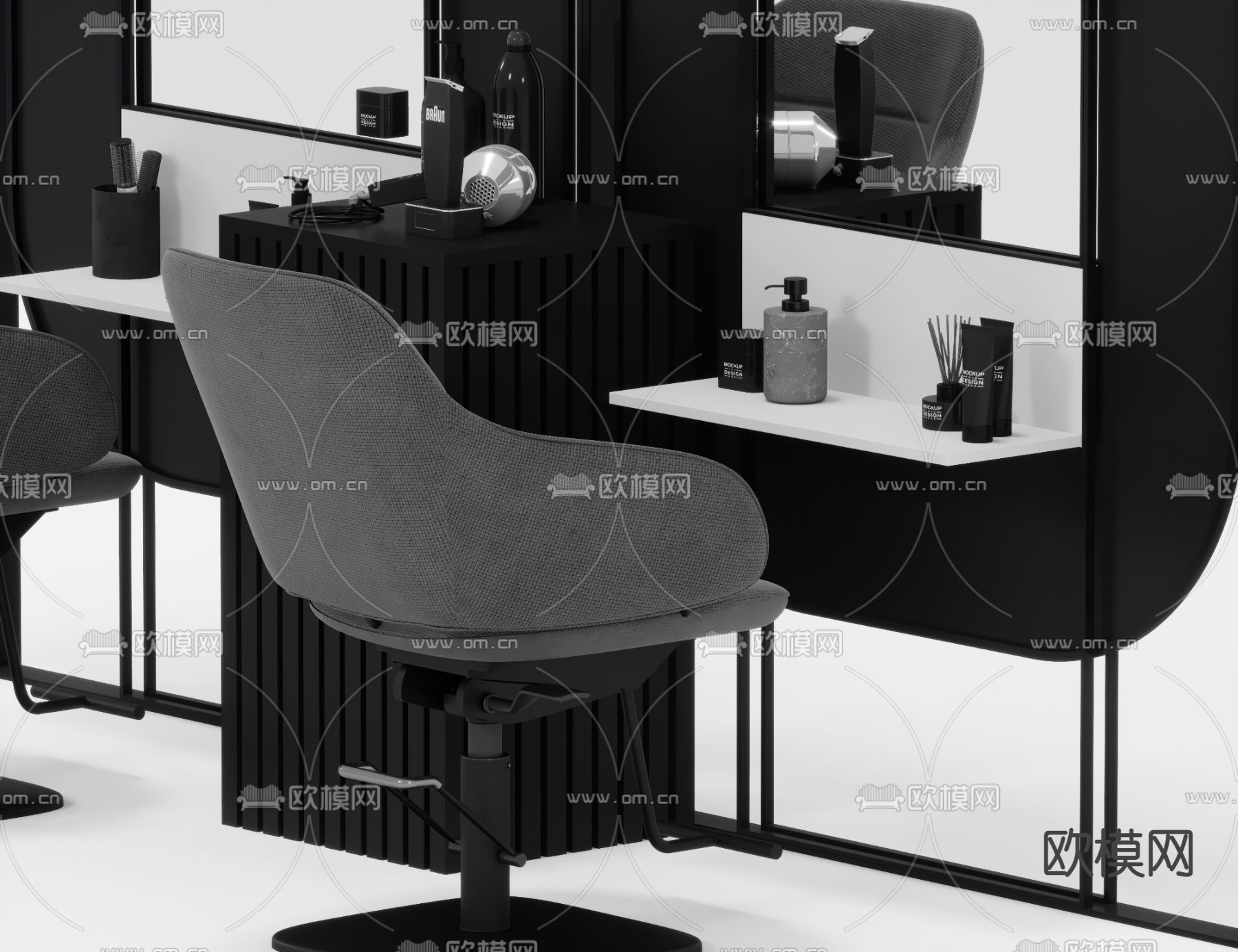 工业风理发台理发椅3d模型下载（渲染图3）