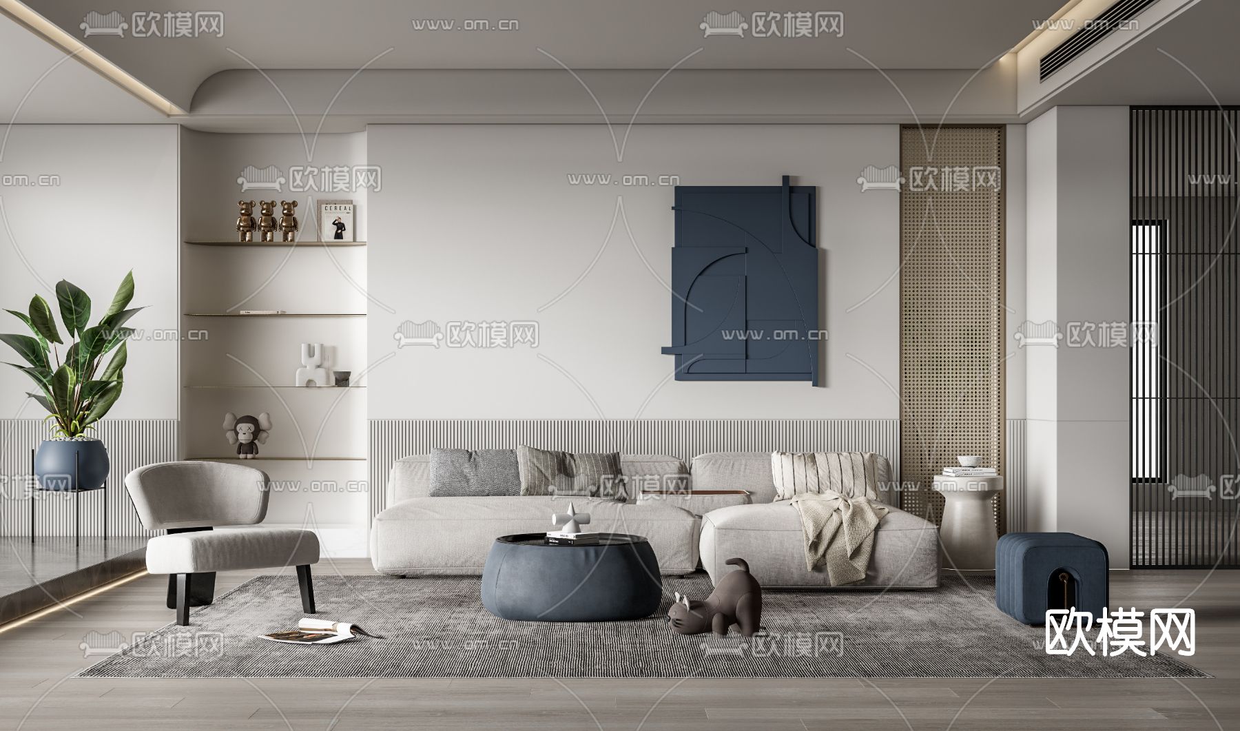 现代布艺沙发组合su模型下载（渲染图1）