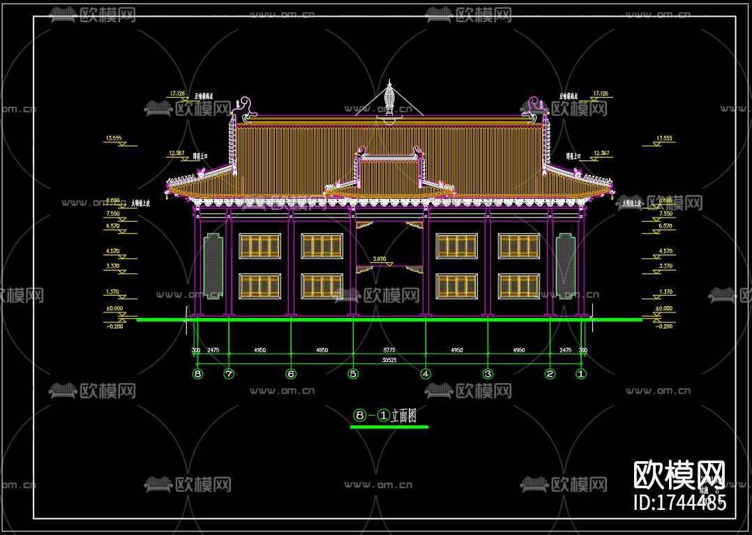 古寺建筑cad施工图下载（渲染图2）