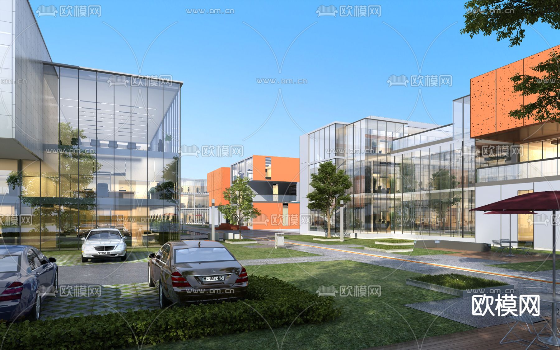 现代办公楼内庭景观3d模型下载