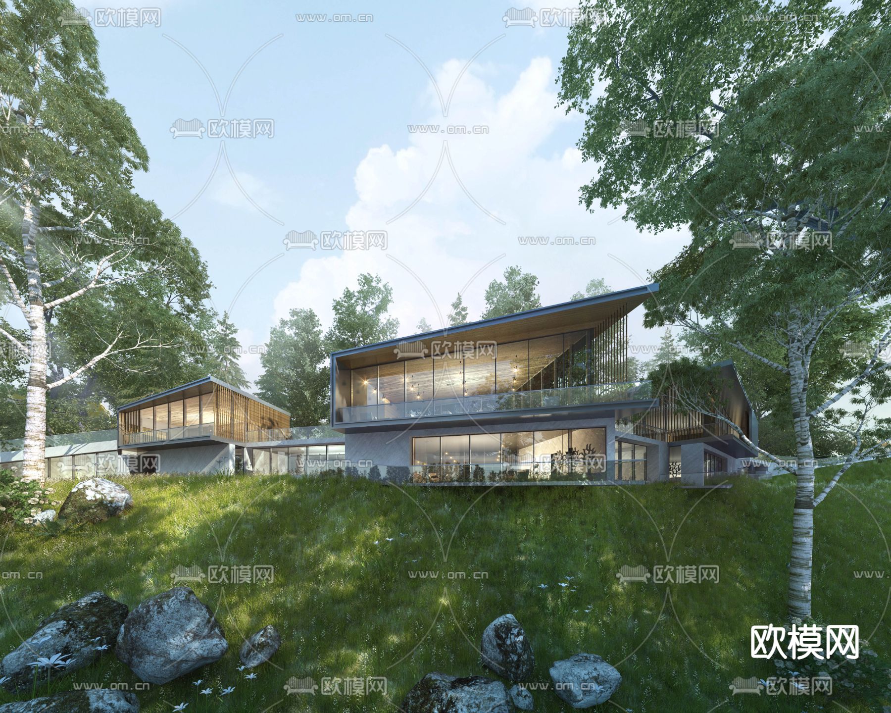 现代林间旅店外观3d模型下载