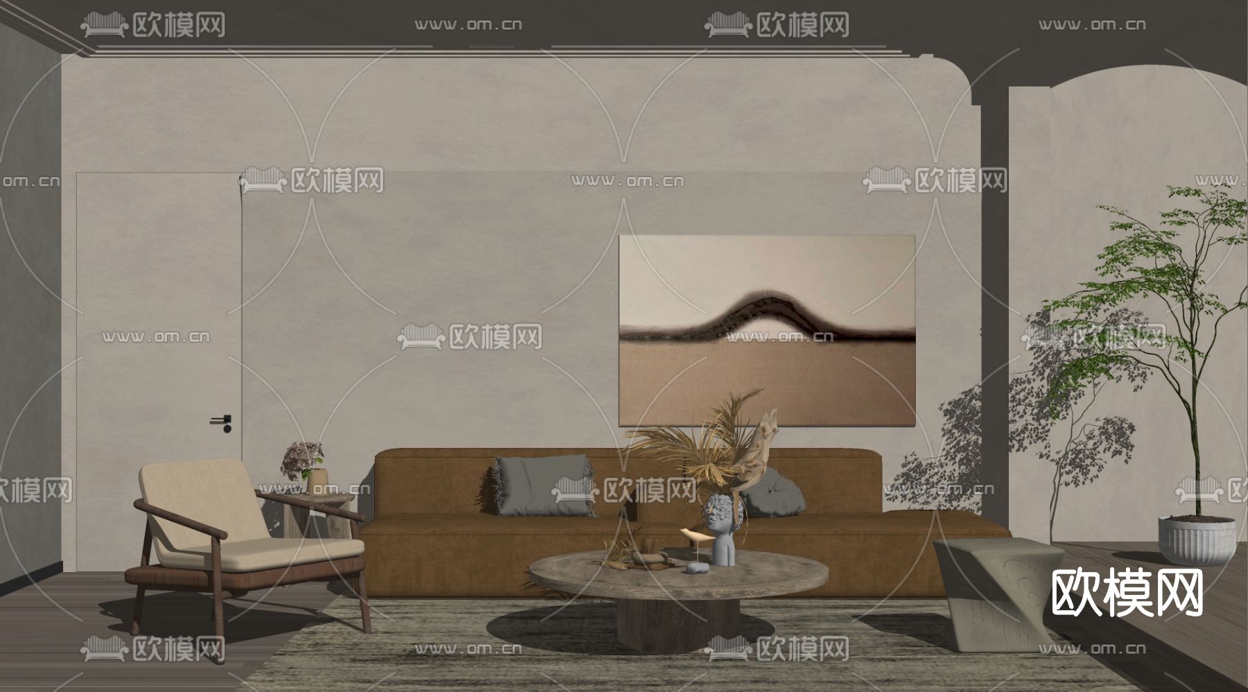 侘寂布艺沙发组合su模型