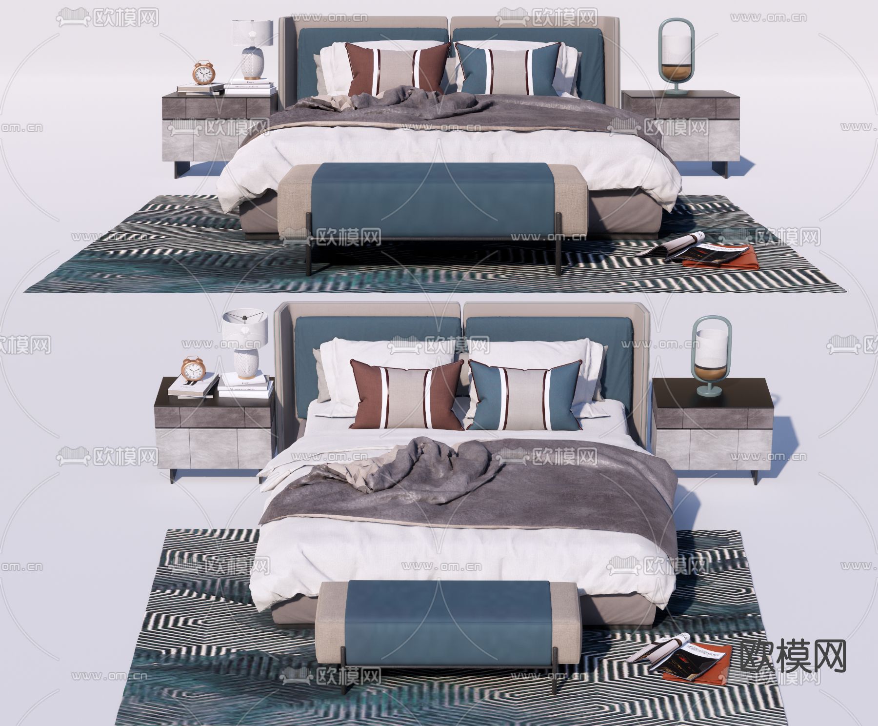 新中式双人床su模型下载（渲染图1）