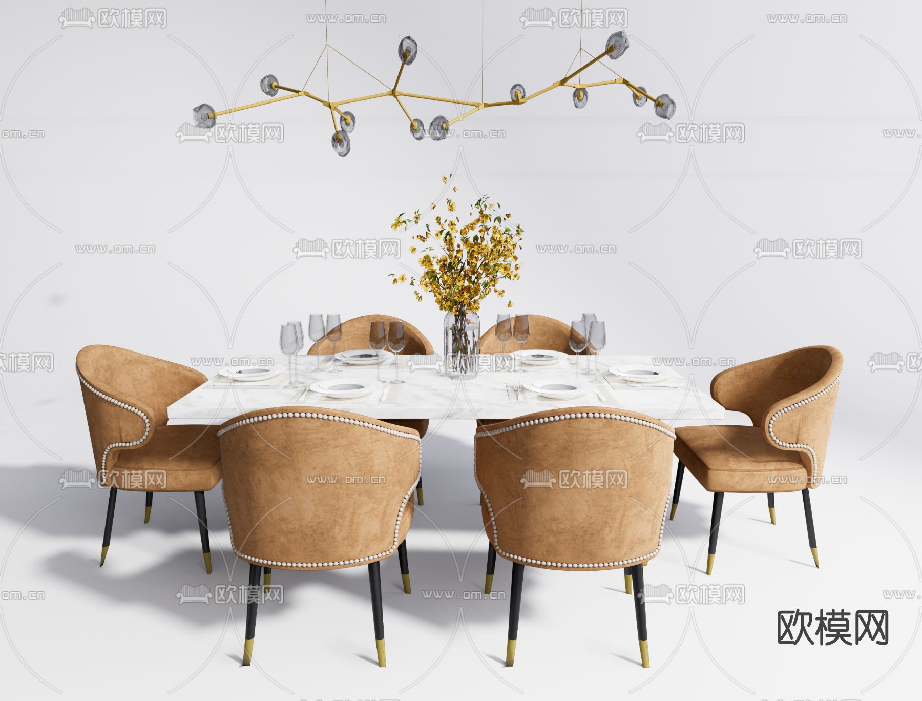 简欧大理石餐桌椅su模型下载（渲染图1）