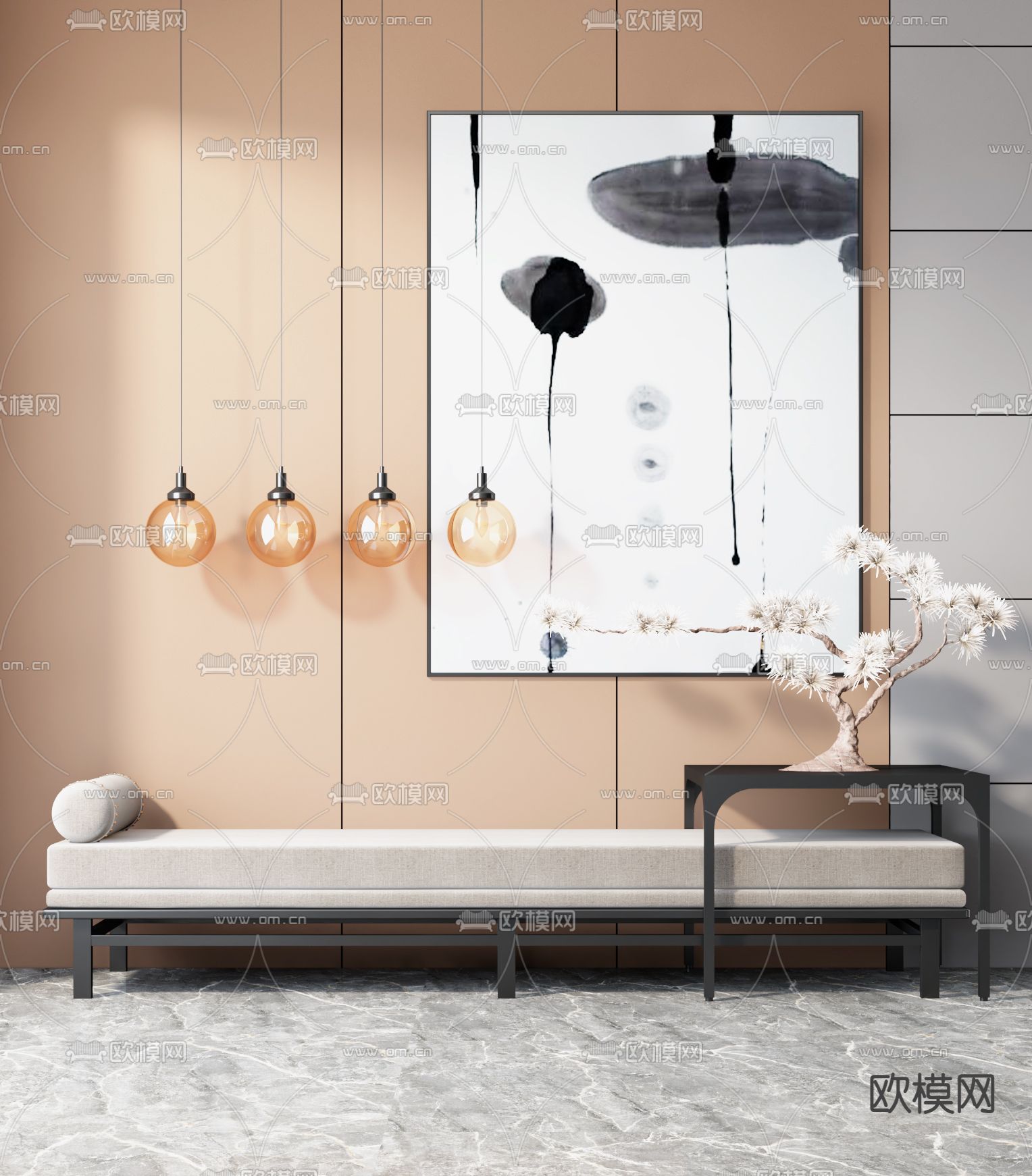 新中式布艺床尾凳3d模型下载