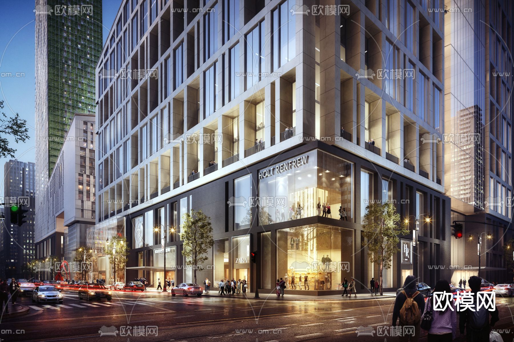 现代沿街商业办公楼夜景建筑外观3d模型