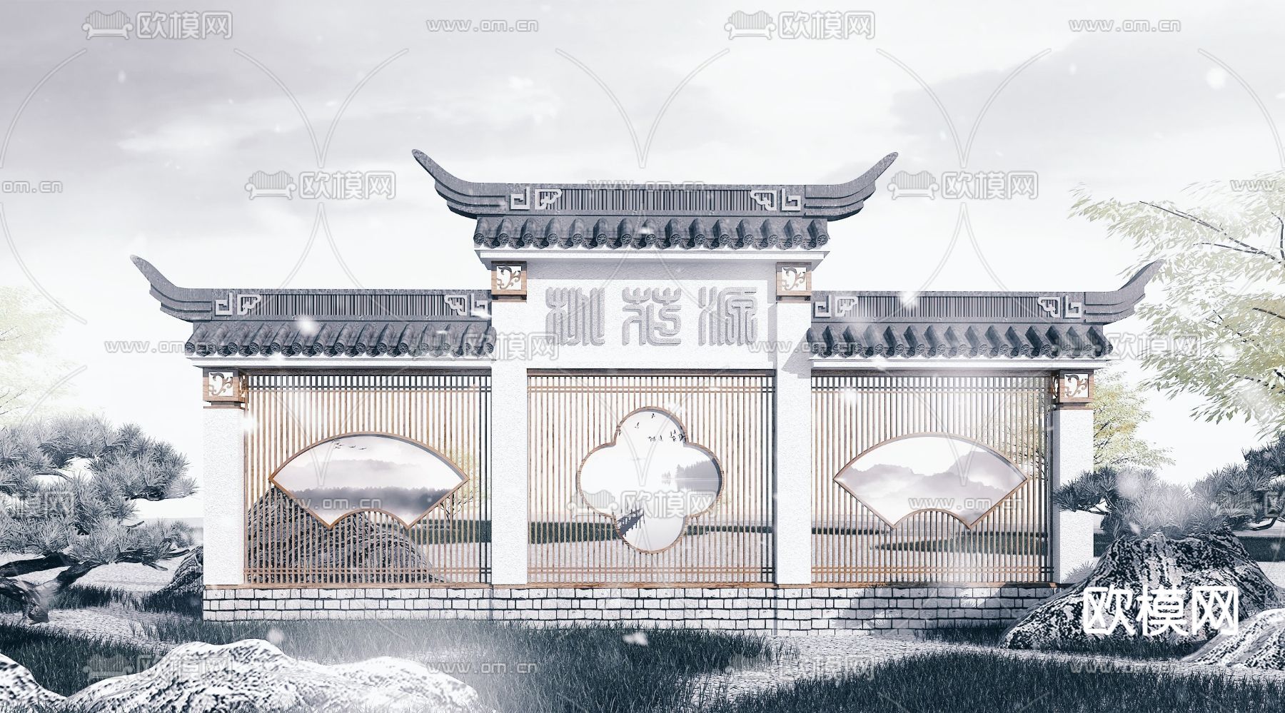 中式园林景观墙3d模型