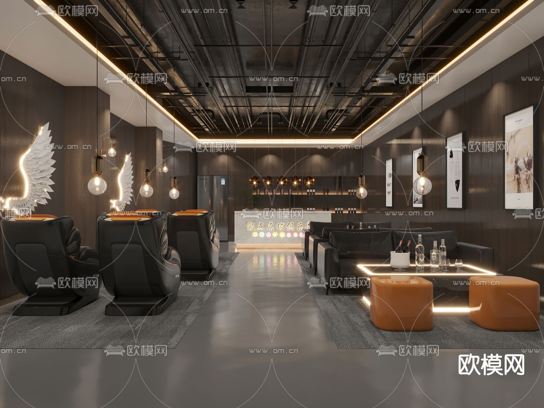 工业风桌球馆休闲区3d模型