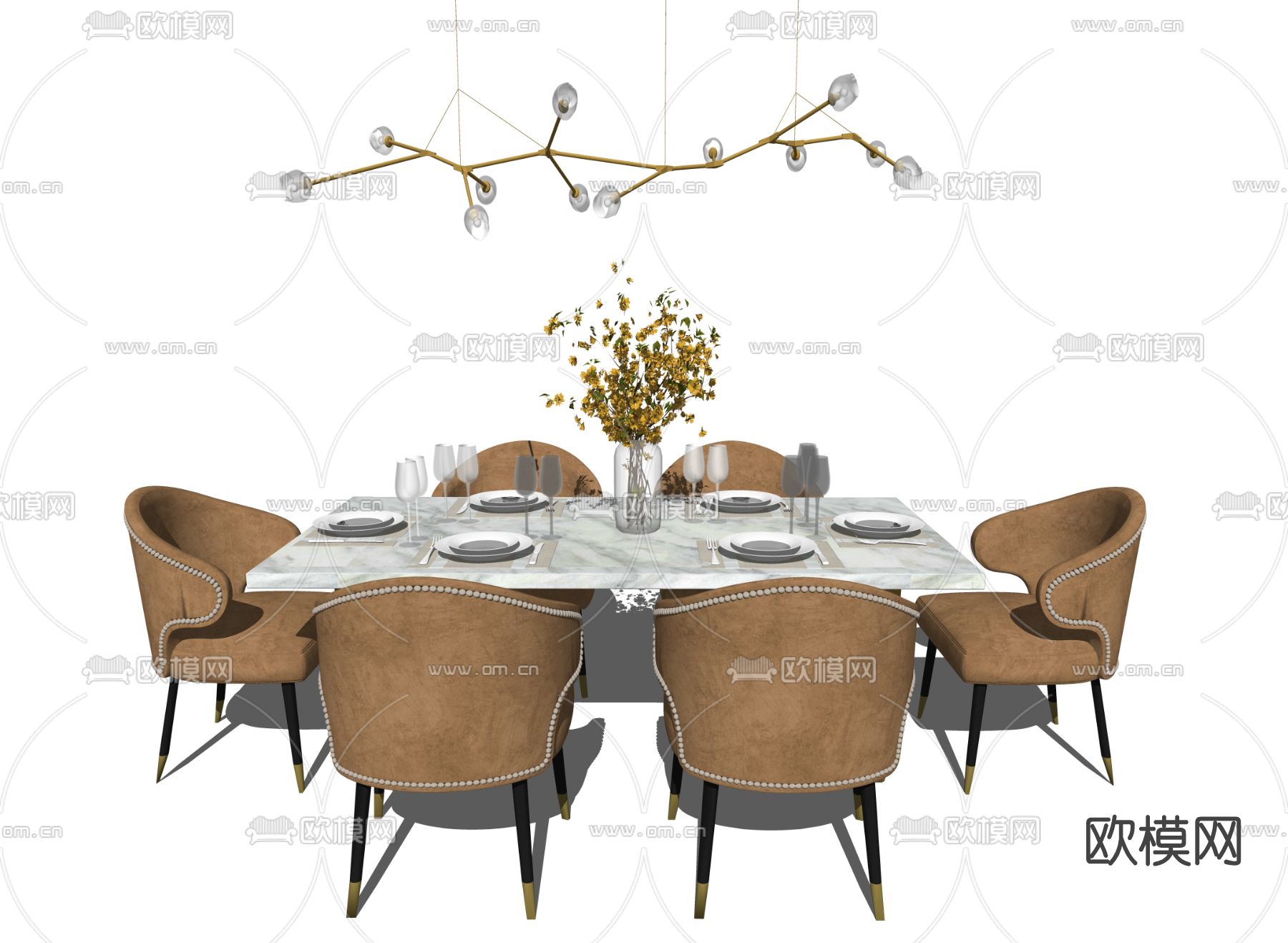简欧大理石餐桌椅su模型下载（渲染图2）