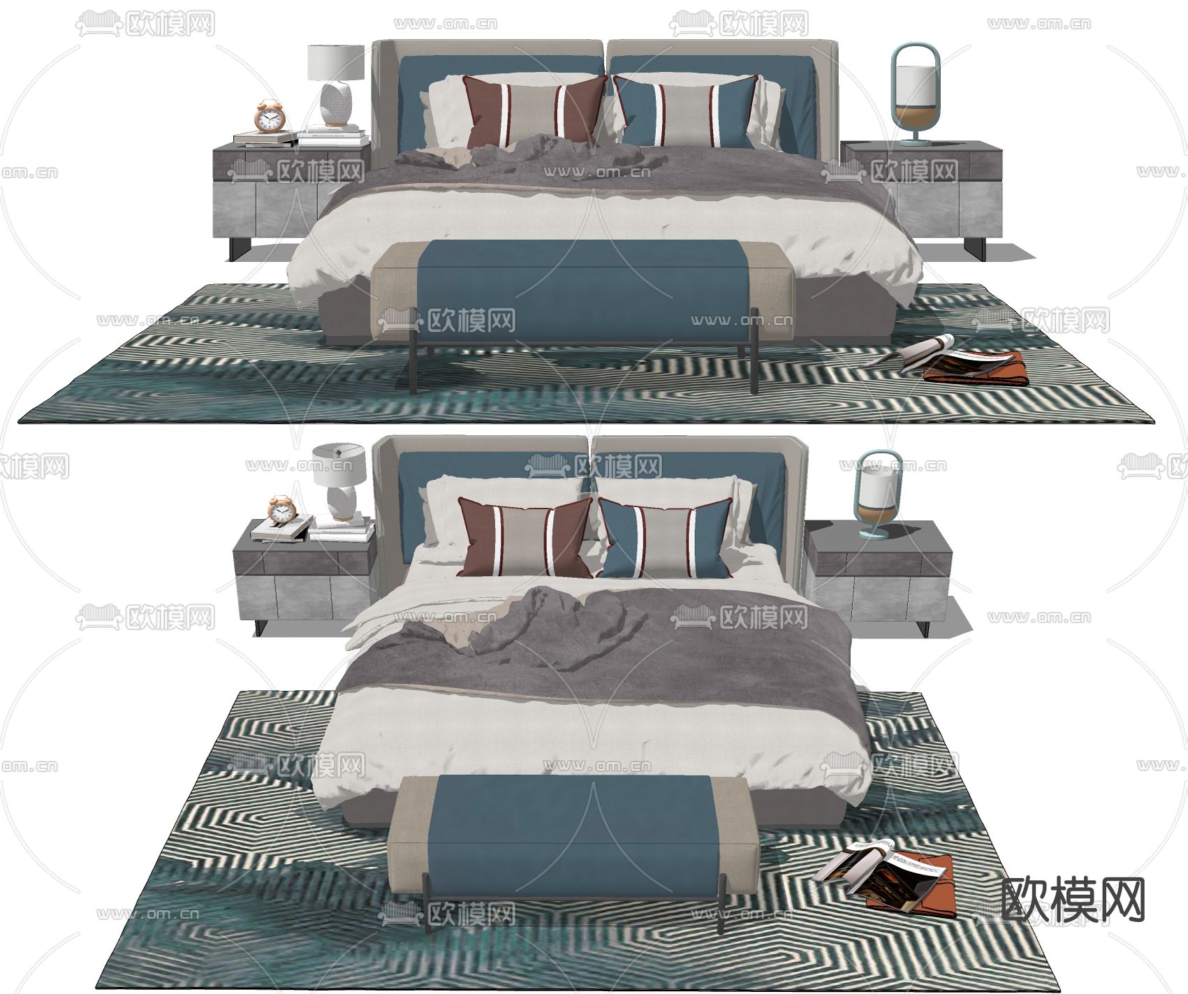 新中式双人床su模型下载（渲染图2）