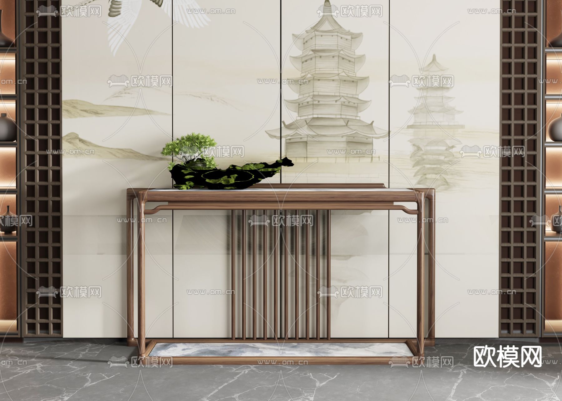 新中式实木端景台3d模型