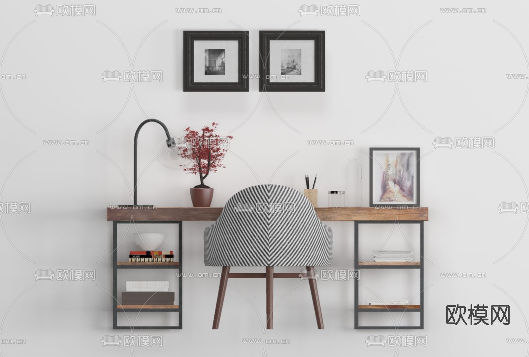 工业风书桌椅免费3d模型下载