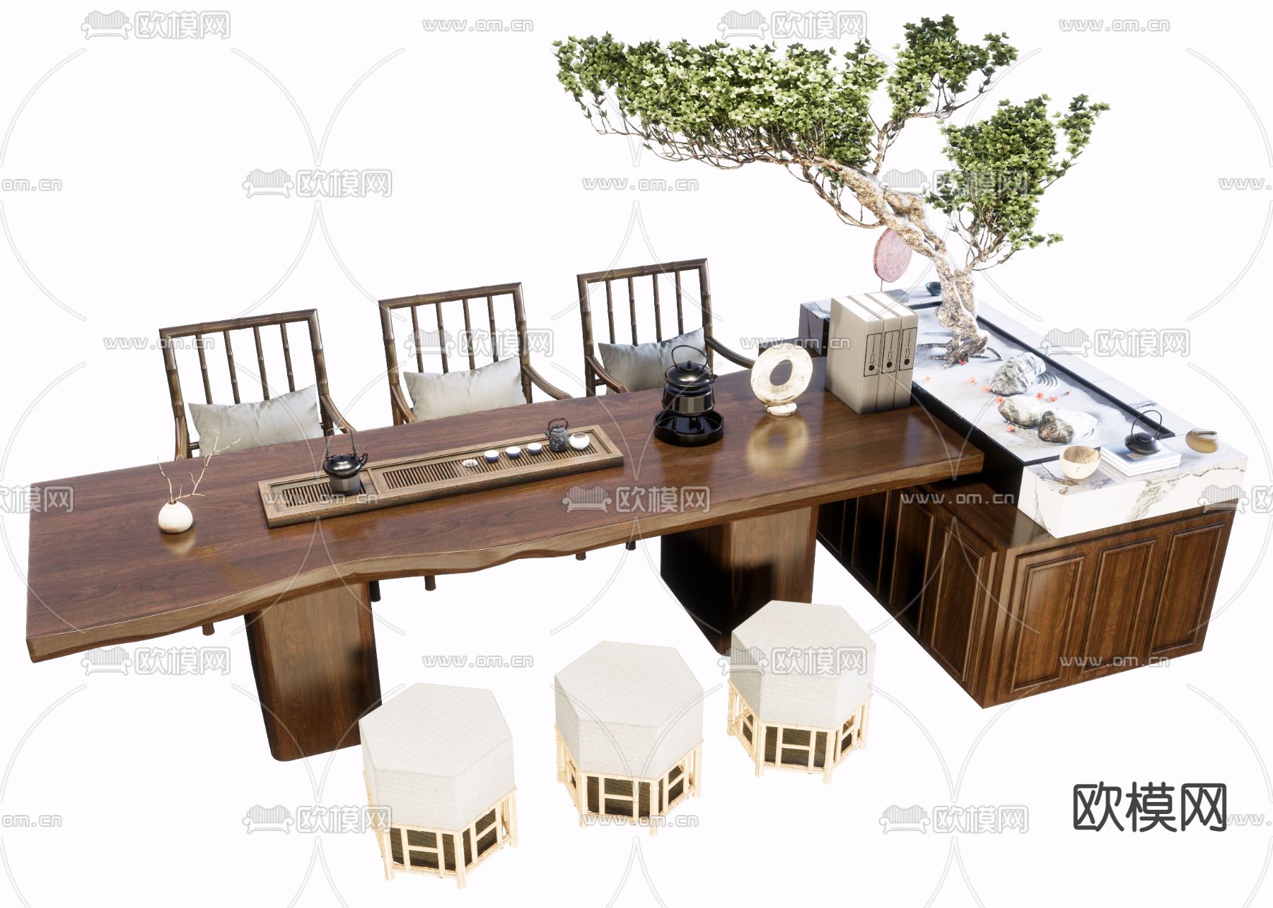 新中式实木茶桌椅su模型下载（渲染图1）