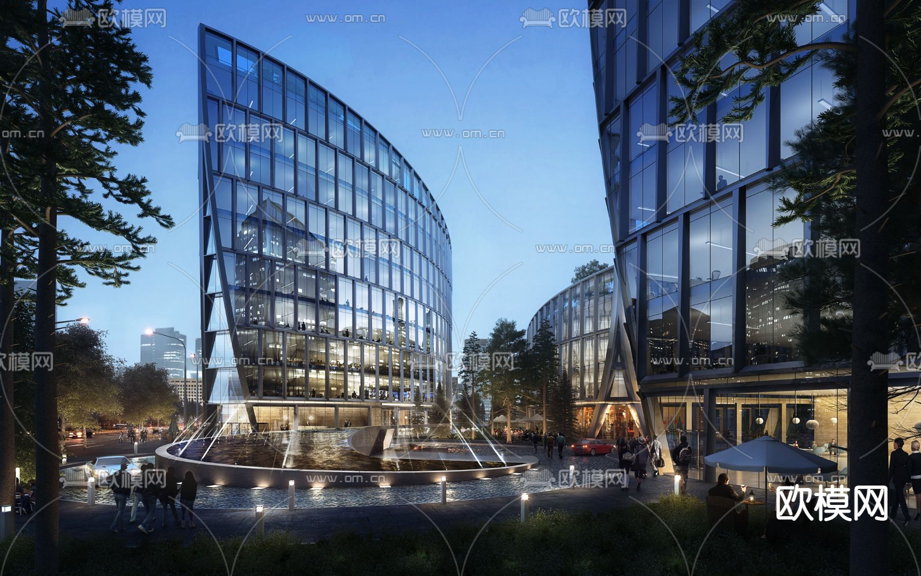 现代高层办公楼外观夜景3d模型下载