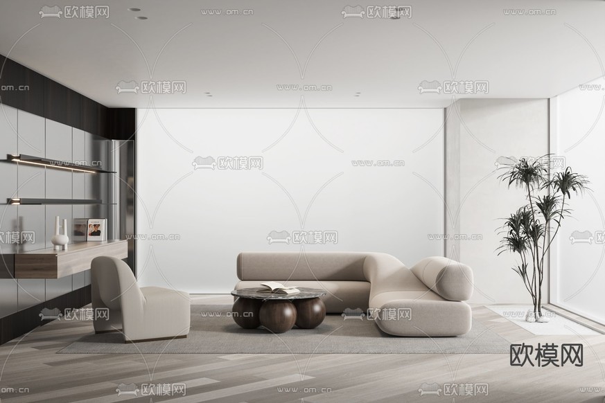 现代布艺异形沙发组合3d模型下载(渲染图1)