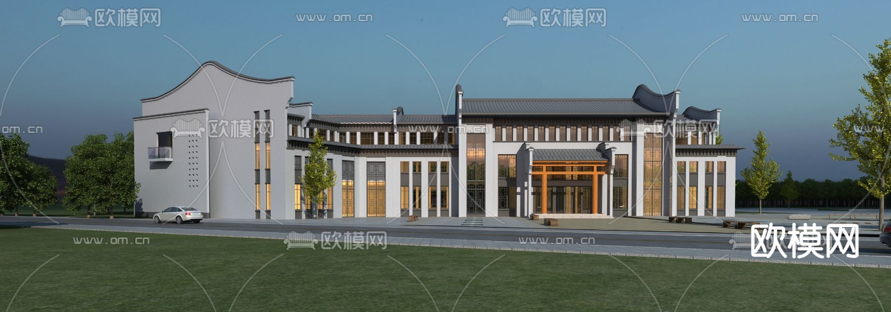 中式酒店外观夜景3d模型下载