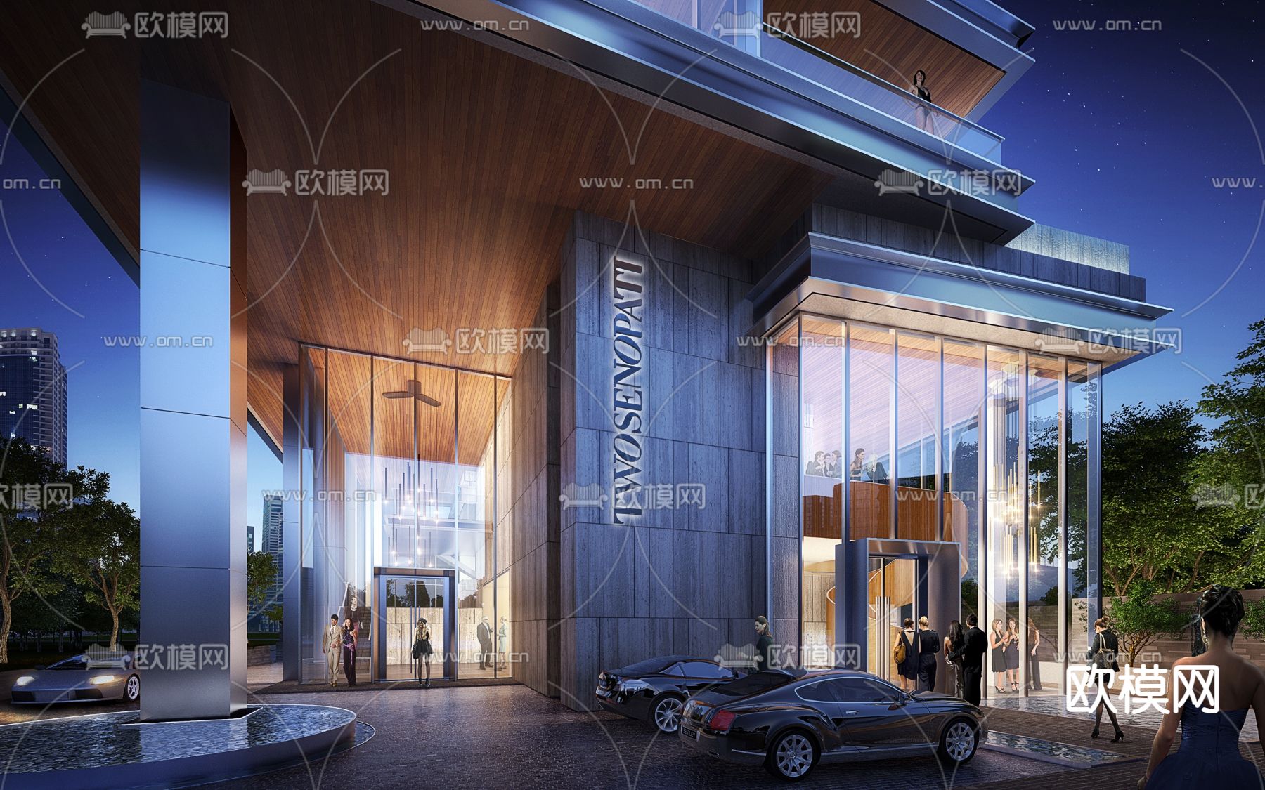 现代办公楼入口外观夜景3d模型下载_ID11592889_3dmax免费模型-欧模网