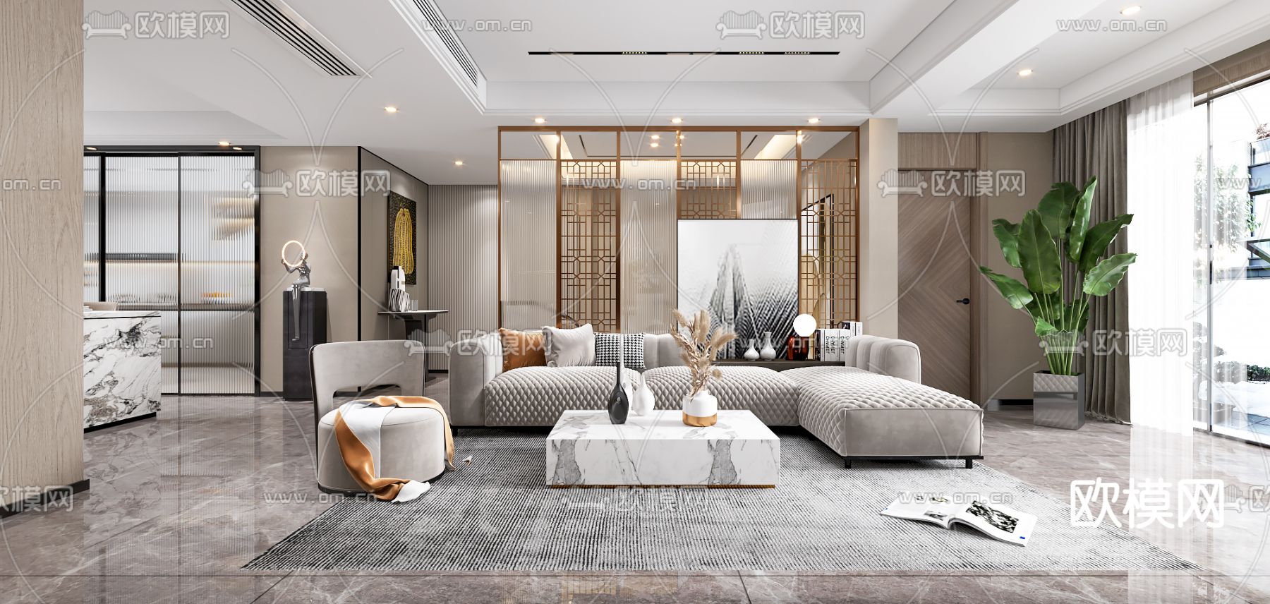 现代轻奢客餐厅免费3d模型下载（渲染图1）