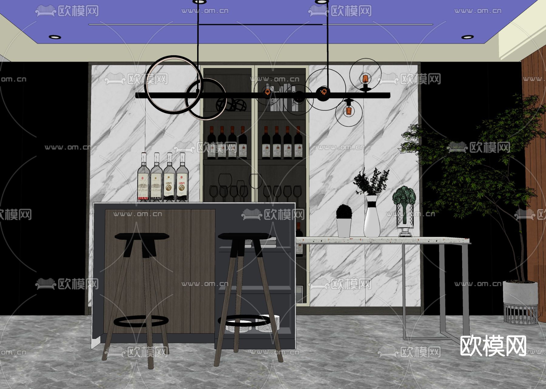 现代轻奢吧台su模型下载（渲染图2）
