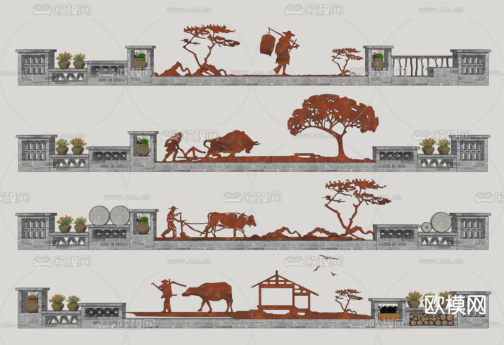 自然风乡村景墙小品su模型下载