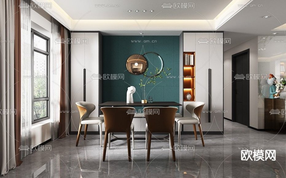 现代轻奢客餐厅厨房免费3d模型下载(渲染图2)