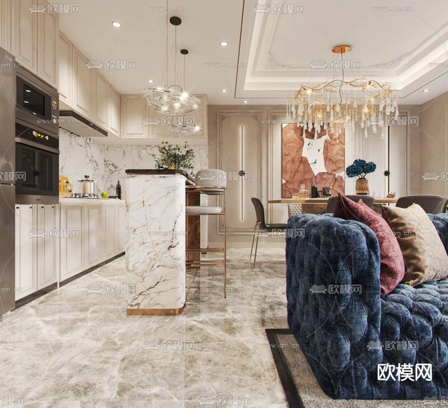 欧式轻奢客餐厅免费3d模型下载(渲染图2)