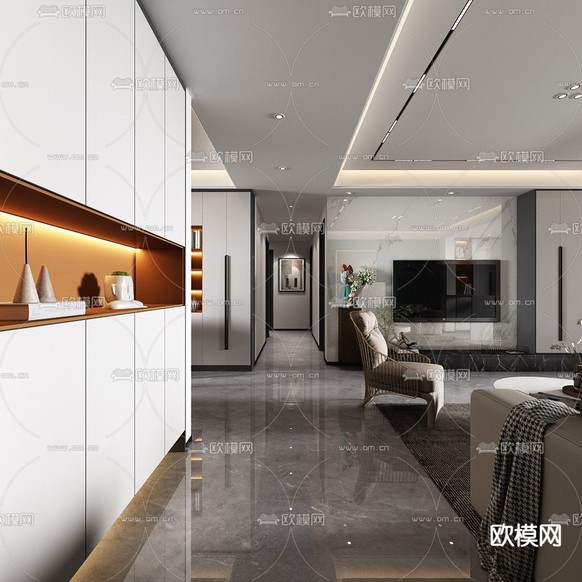 现代轻奢客餐厅厨房免费3d模型下载(渲染图5)