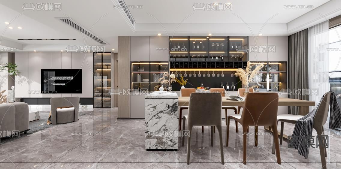 现代轻奢客餐厅免费3d模型下载（渲染图2）