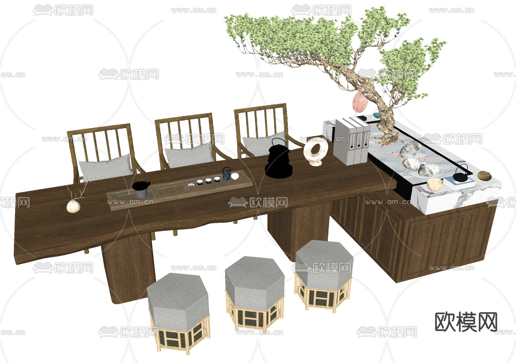新中式实木茶桌椅su模型下载（渲染图2）