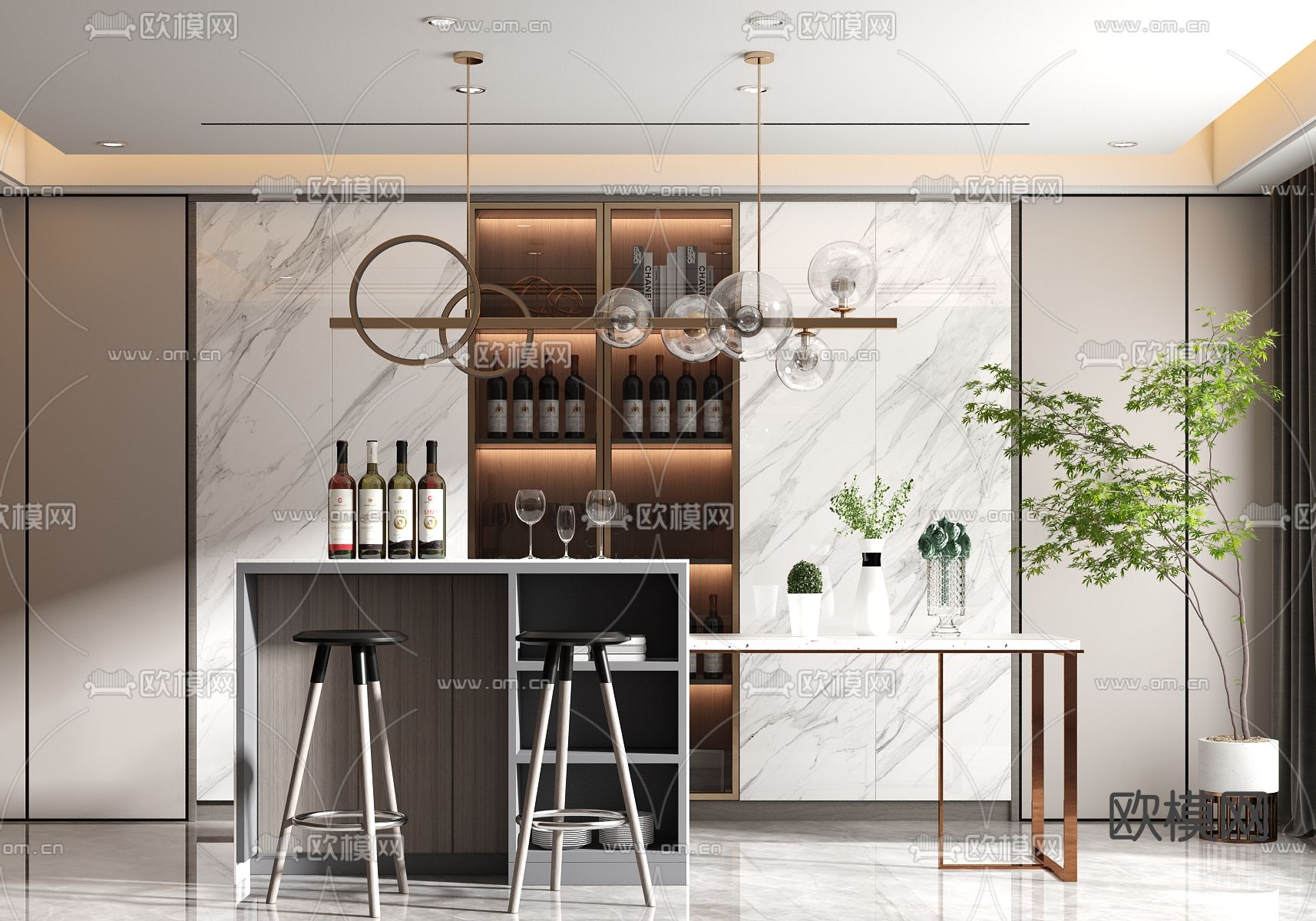 现代轻奢吧台su模型下载（渲染图1）