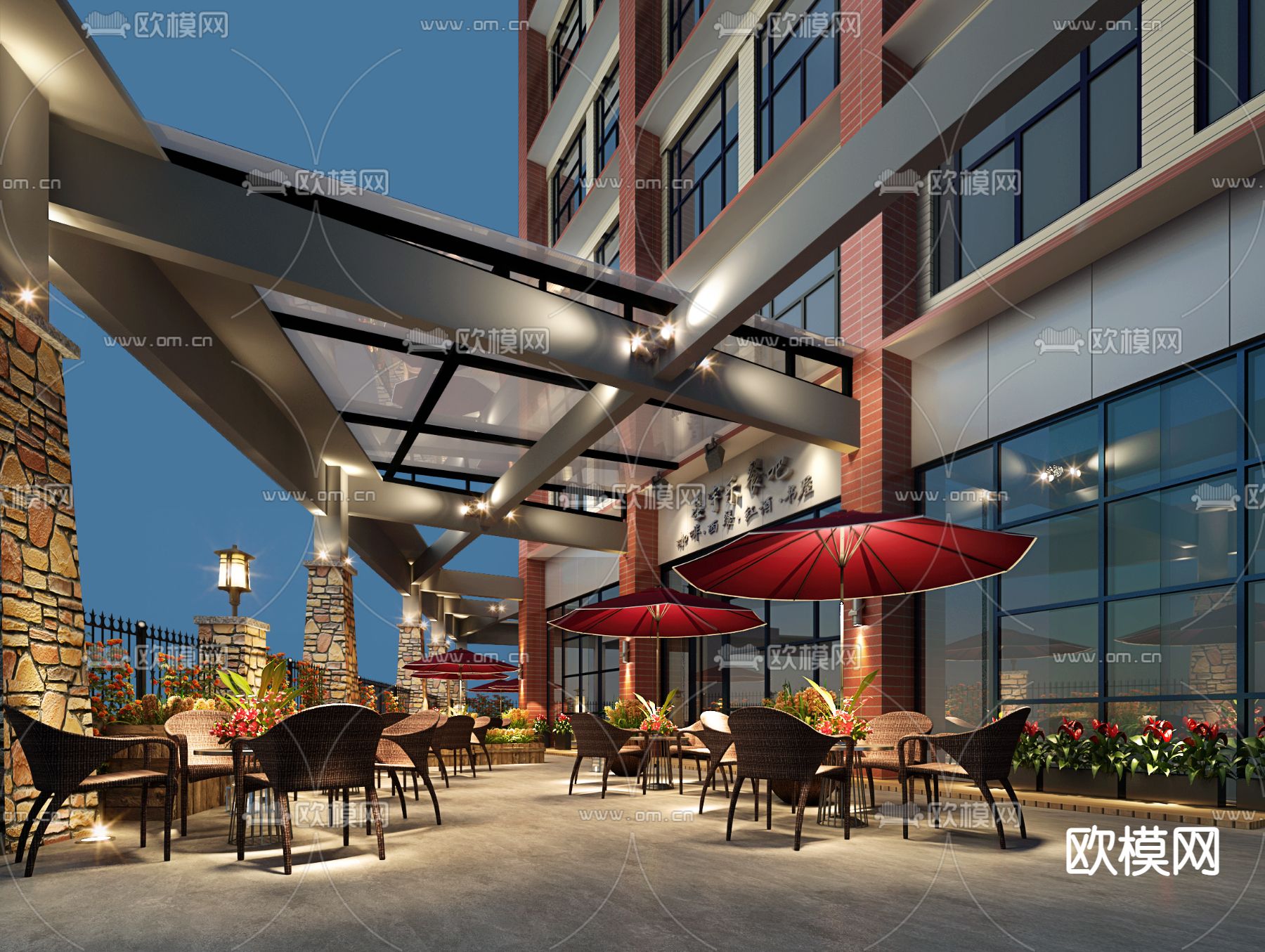 现代户外咖啡厅夜景3d模型