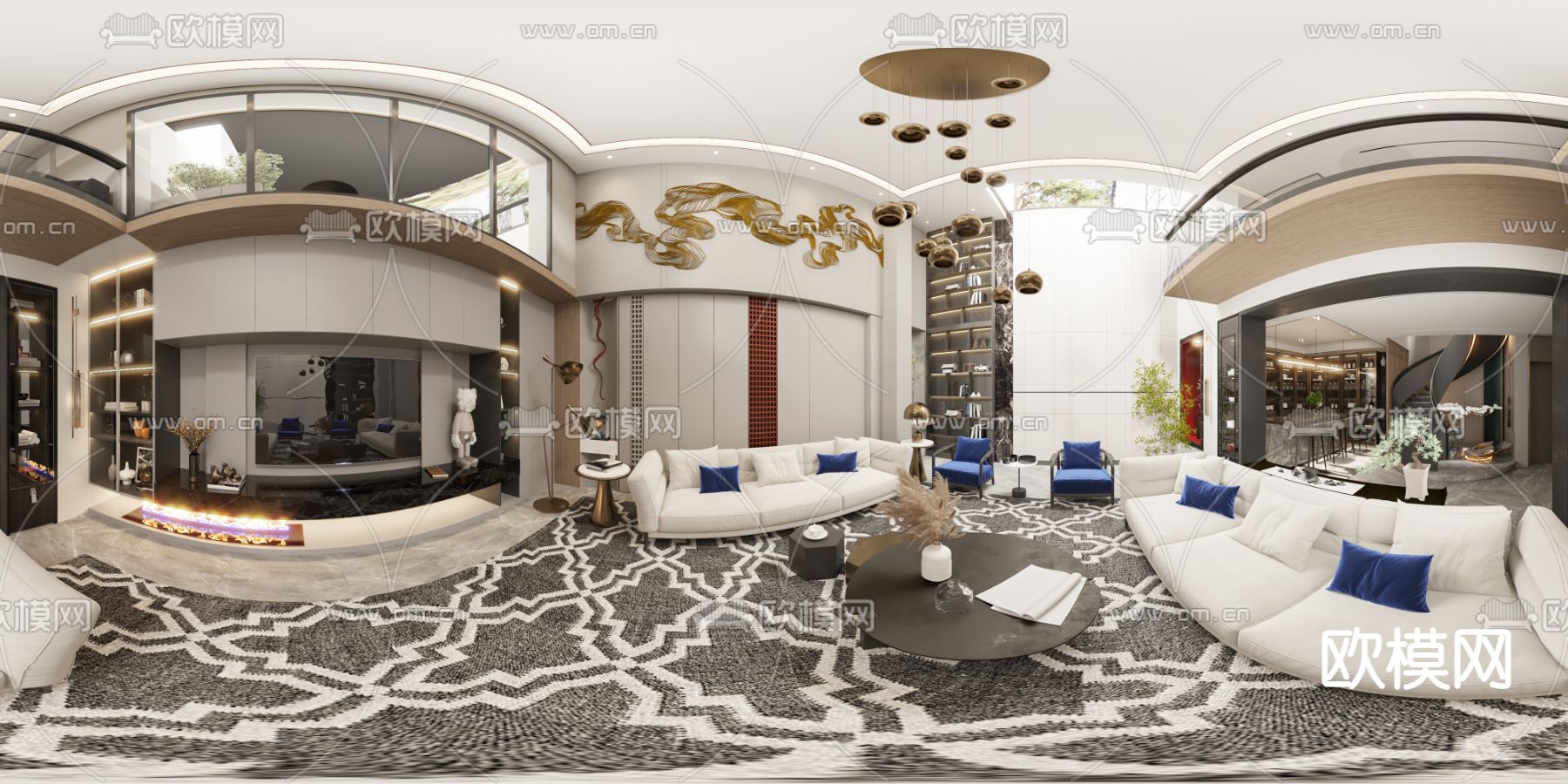 现代轻奢别墅客厅vr全景3d模型下载_ID11588615_3dmax免费模型-欧模网