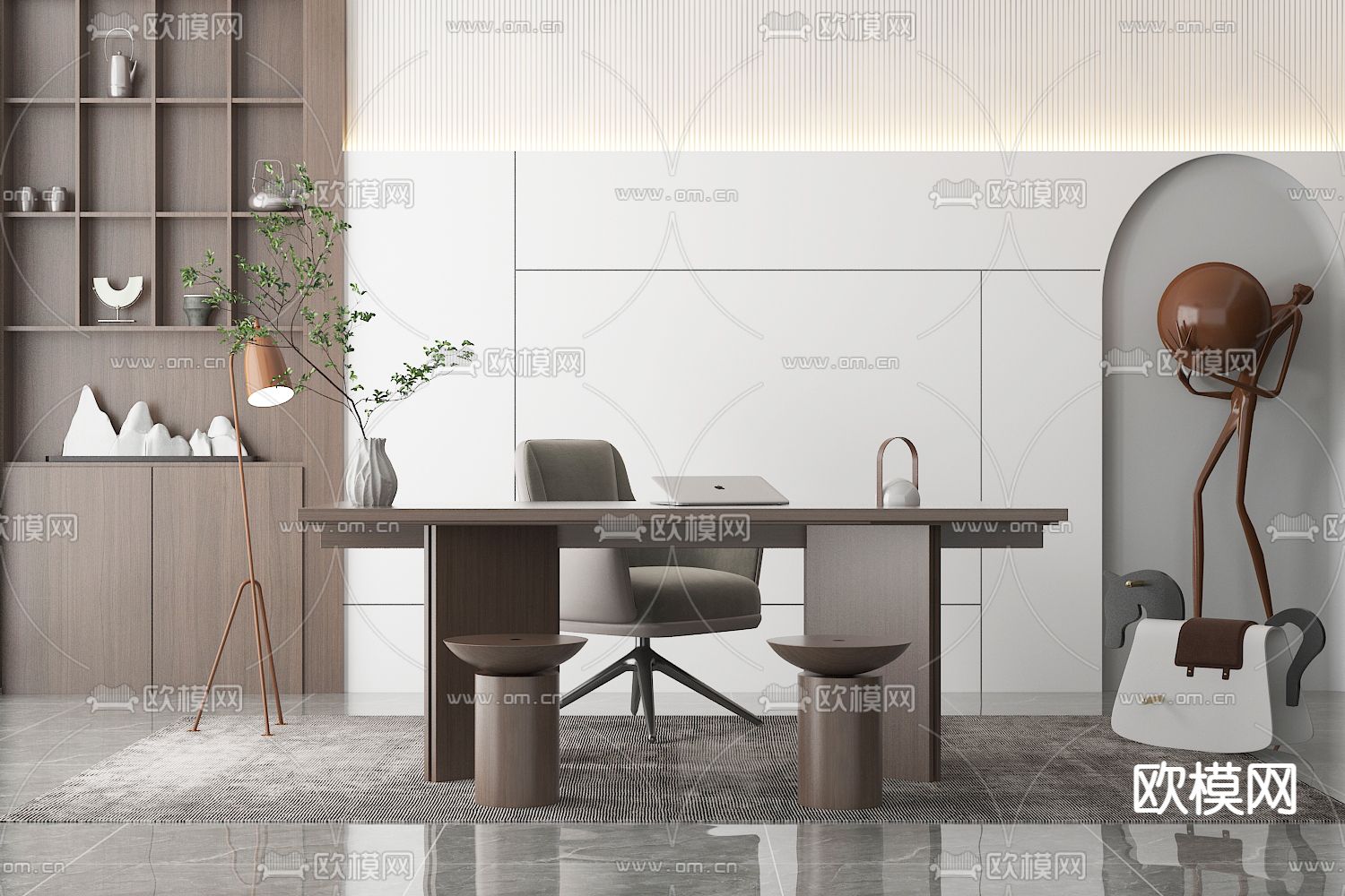 现代实木书桌椅3d模型下载