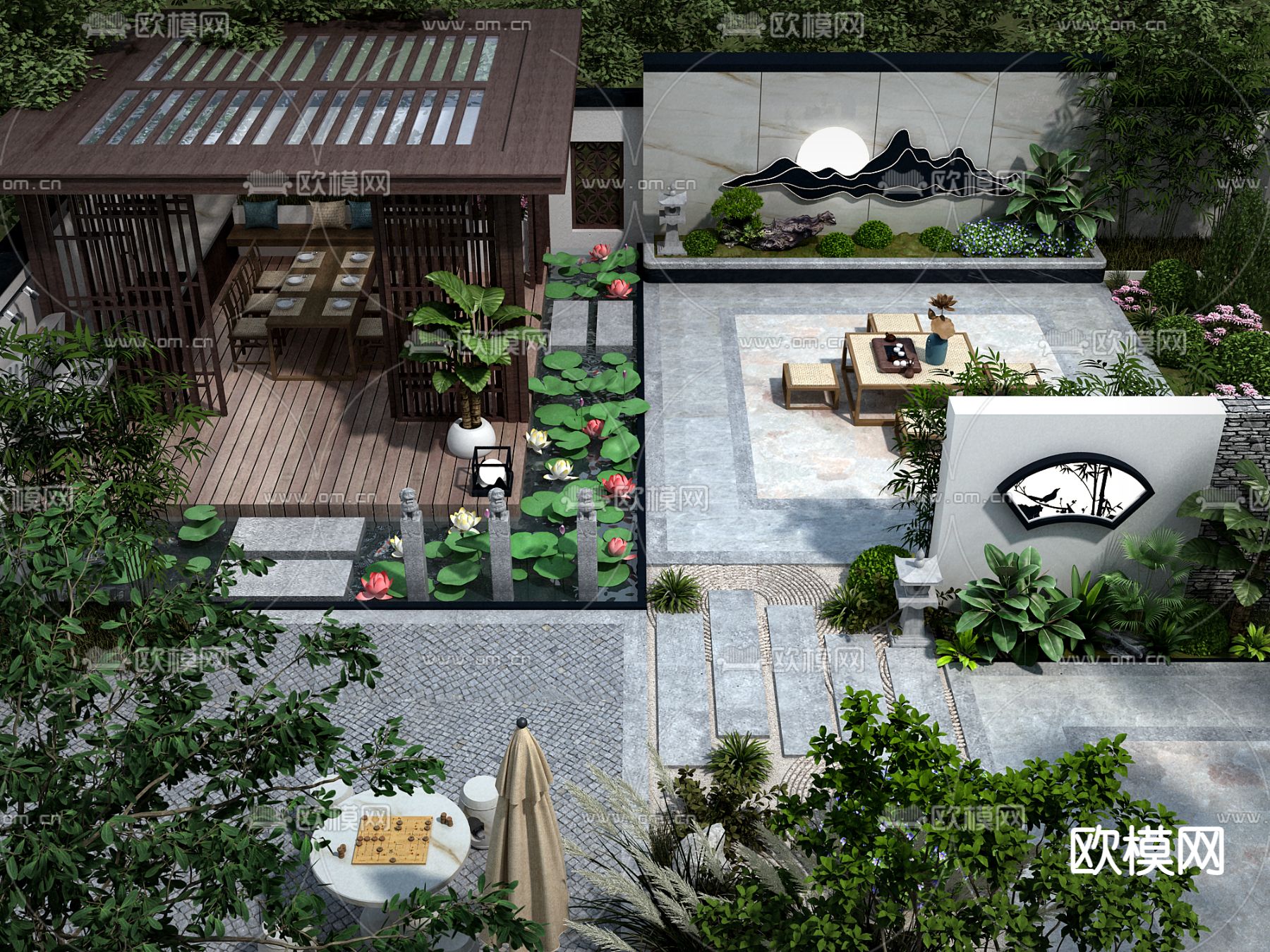 新中式庭院花园3d模型下载_ID11598433_3dmax免费模型-欧模网